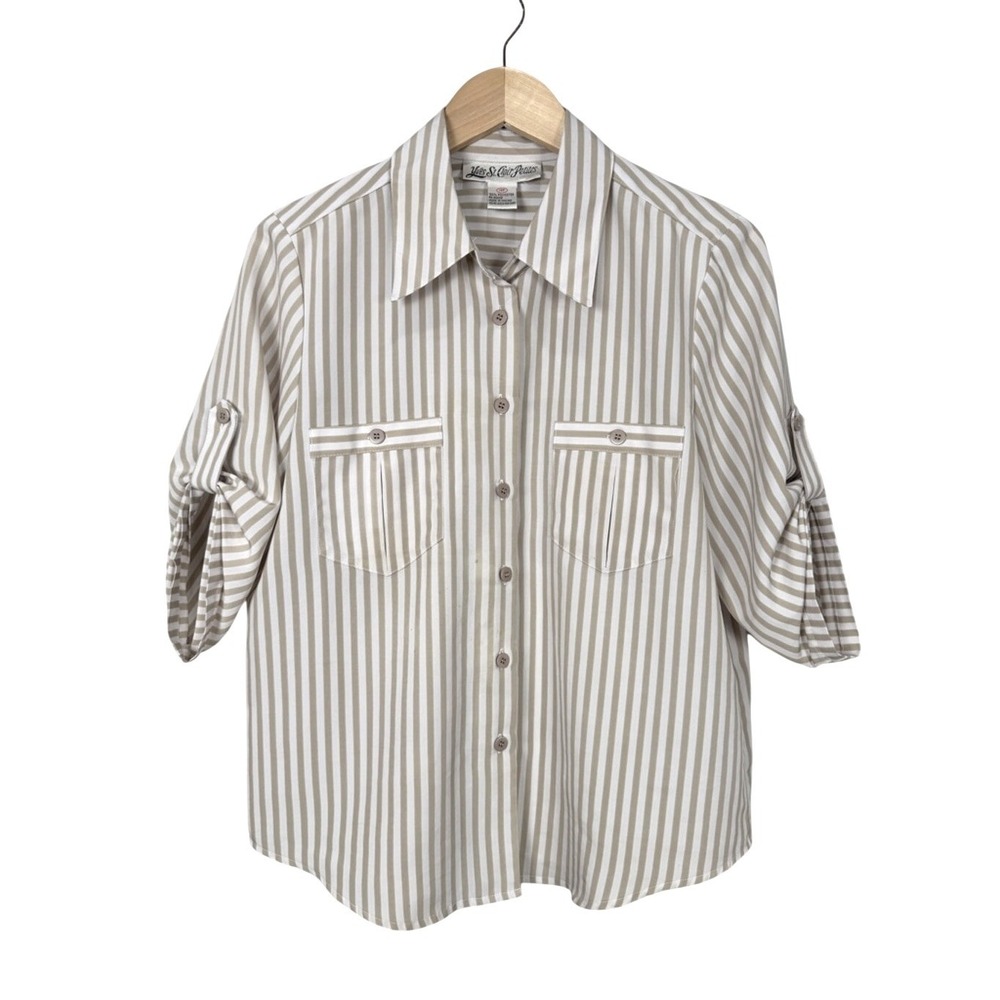 Yves St Clair Petites‎ Womens Striped Button Up Roll Tab Sleeve Shirt Top 14P